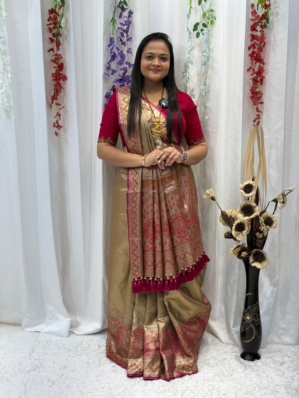 Golden Zari Woven Festive Saree with Designer Border