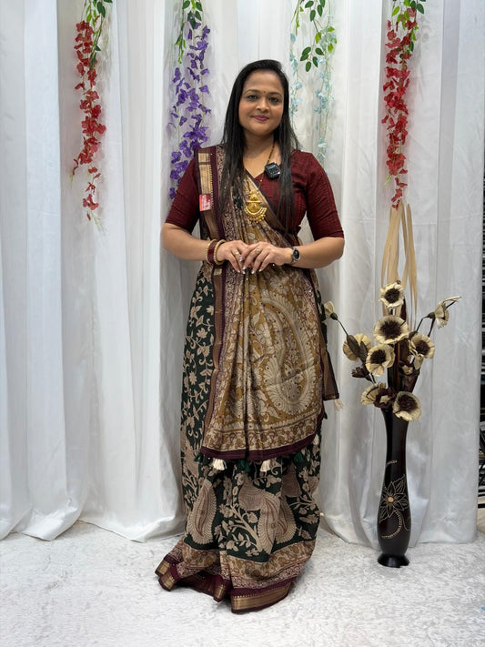 Traditional Kalamkari Style Saree in Green & Maroon