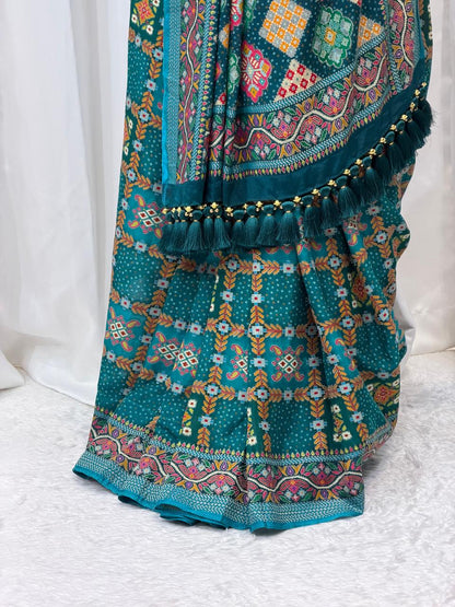 Festive Teal Green Saree with Intricate Traditional Patterns