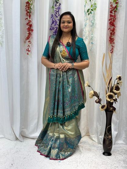 Teal Green Zari Woven Festive Saree with Designer Border