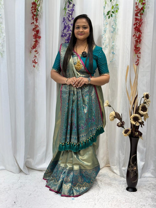 Teal Green Zari Woven Festive Saree with Designer Border
