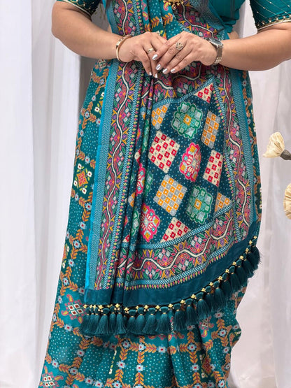 Festive Teal Green Saree with Intricate Traditional Patterns