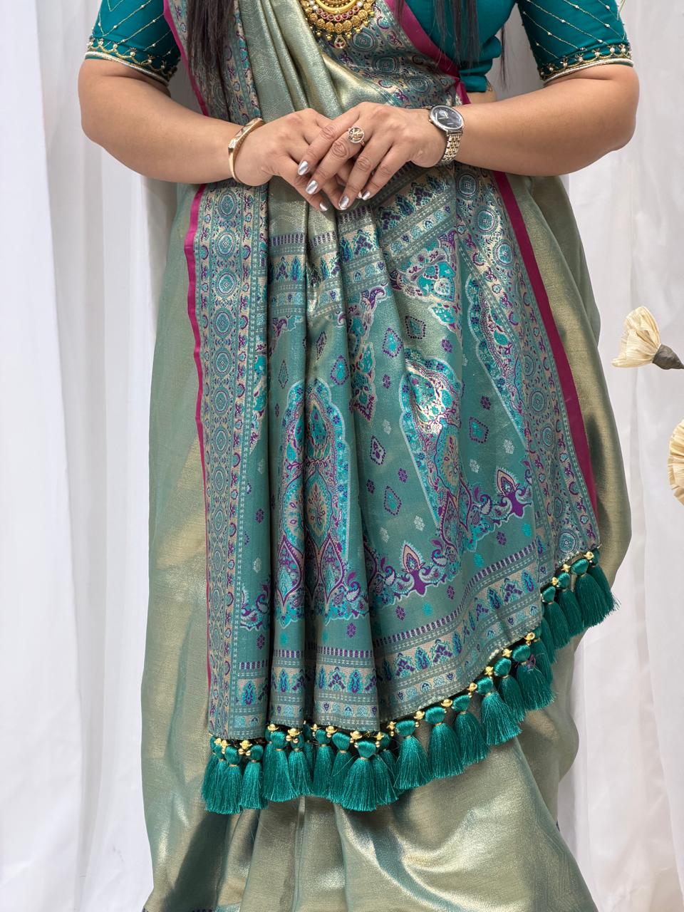 Teal Green Zari Woven Festive Saree with Designer Border