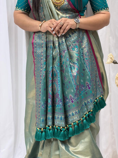 Teal Green Zari Woven Festive Saree with Designer Border