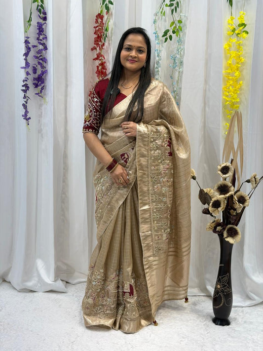 Elegant Beige Handwoven Saree with Rich Embroidery
