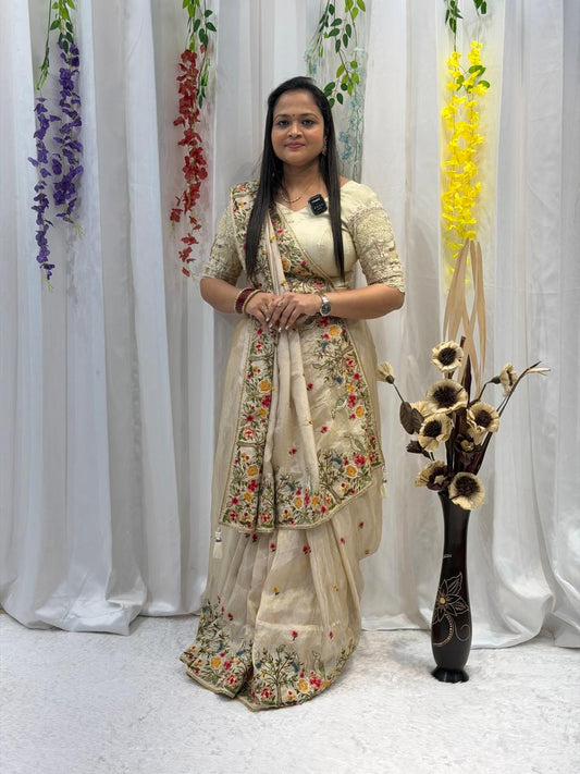 Elegant Cream Saree with Multicolor Floral Embroidery