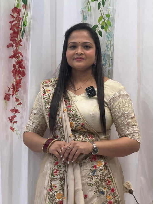 Elegant Cream Saree with Multicolor Floral Embroidery