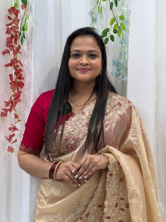 Elegant Golden Beige Embroidered Saree