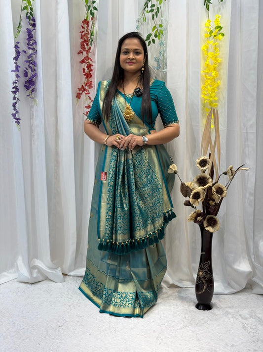 Teal Green Zari Woven Festive Saree with Designer Border