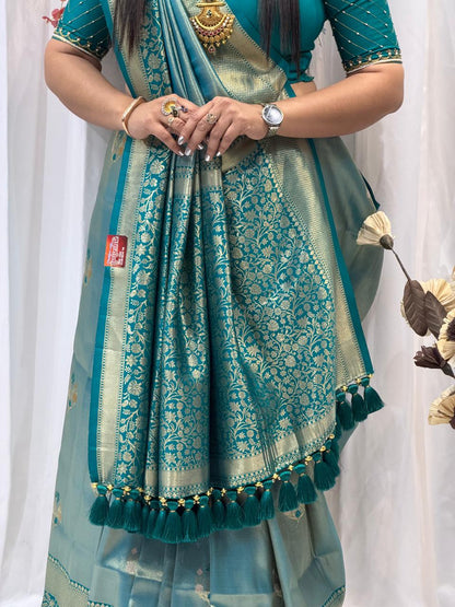Teal Green Zari Woven Festive Saree with Designer Border