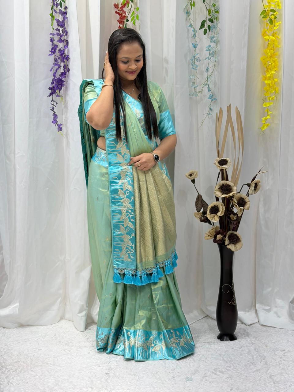 Sea Green & Aqua Zari Woven Saree with Tassel Pallu