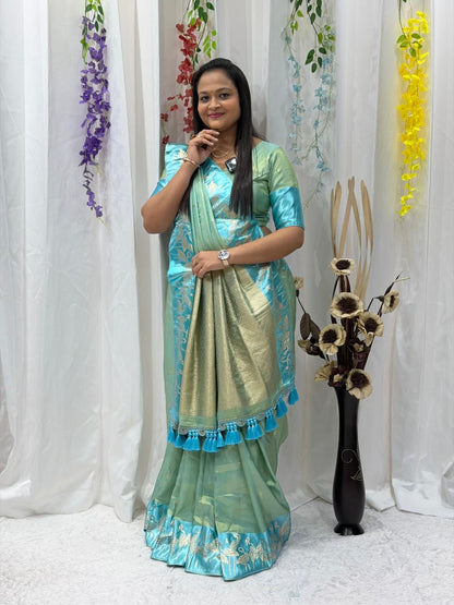 Sea Green & Aqua Zari Woven Saree with Tassel Pallu