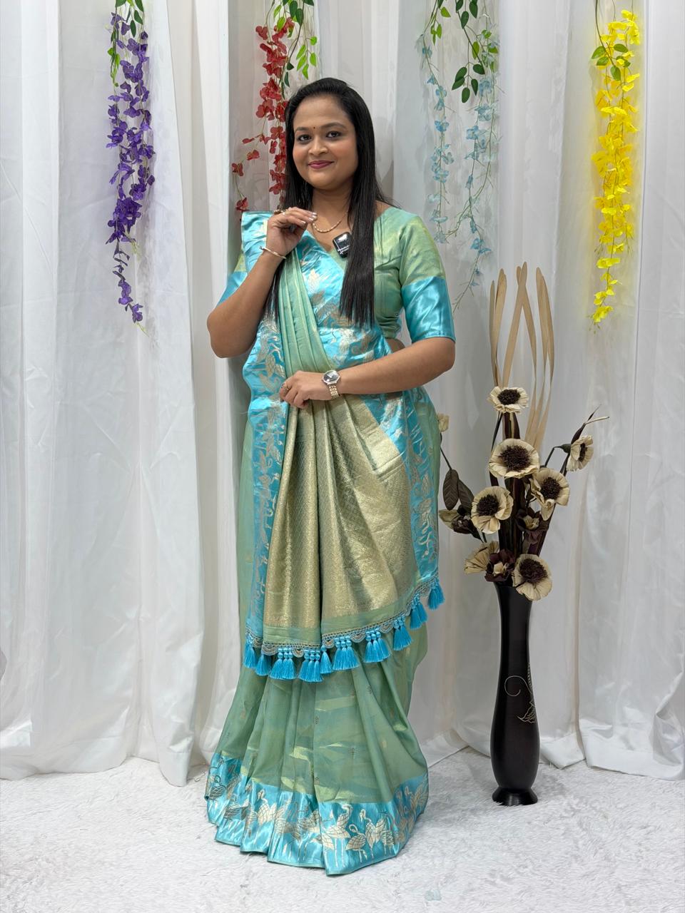 Sea Green & Aqua Zari Woven Saree with Tassel Pallu