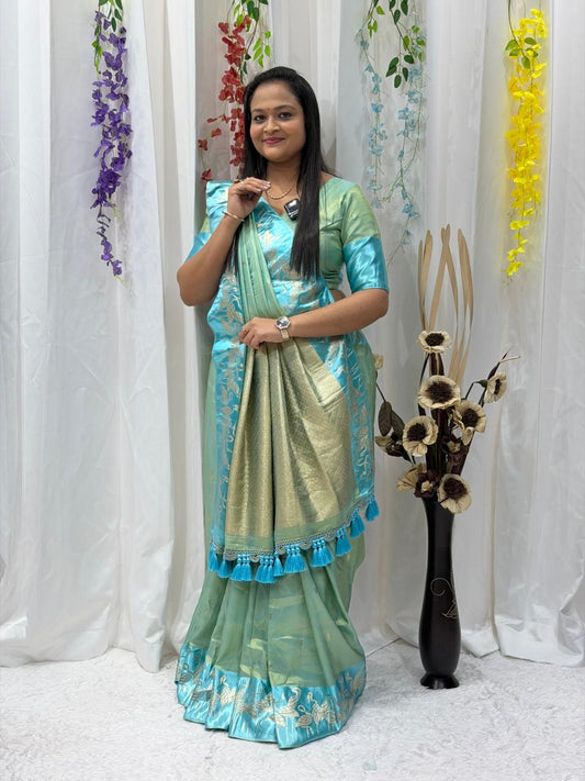Sea Green & Aqua Zari Woven Saree with Tassel Pallu
