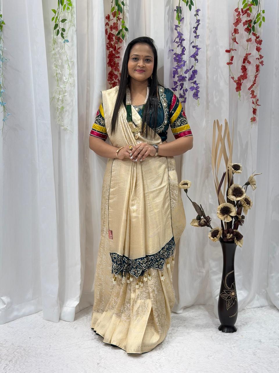 Classic Golden Beige Traditional Saree with Designer Border