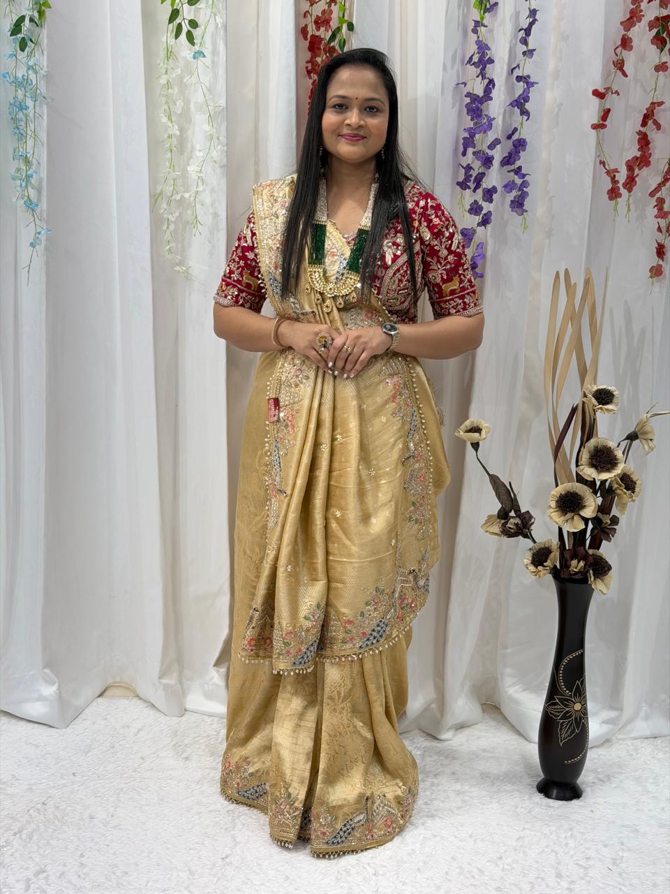 Luxury Golden Tissue Silk Saree with Floral Embroidery & Designer Border
