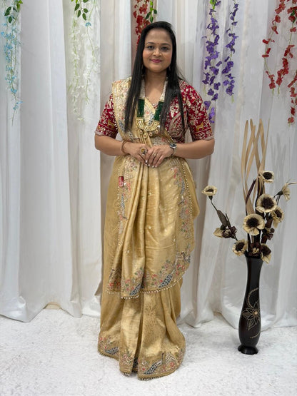 Luxury Golden Tissue Silk Saree with Floral Embroidery & Designer Border