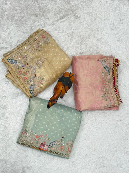 Luxury Golden Tissue Silk Saree with Floral Embroidery & Designer Border