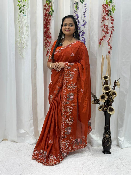 Rust Orange Embroidered Festive Saree with Traditional Border