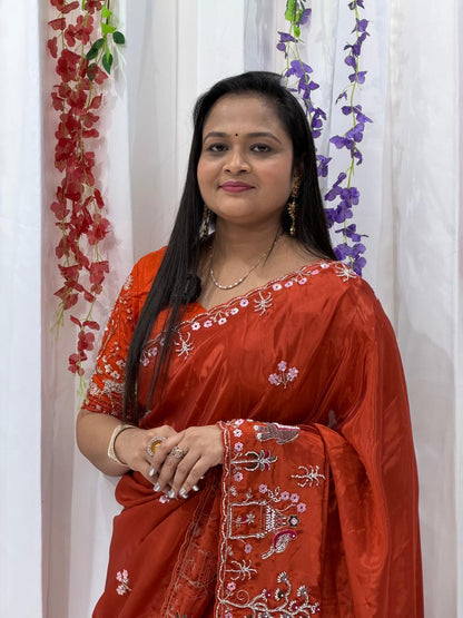 Rust Orange Embroidered Festive Saree with Traditional Border