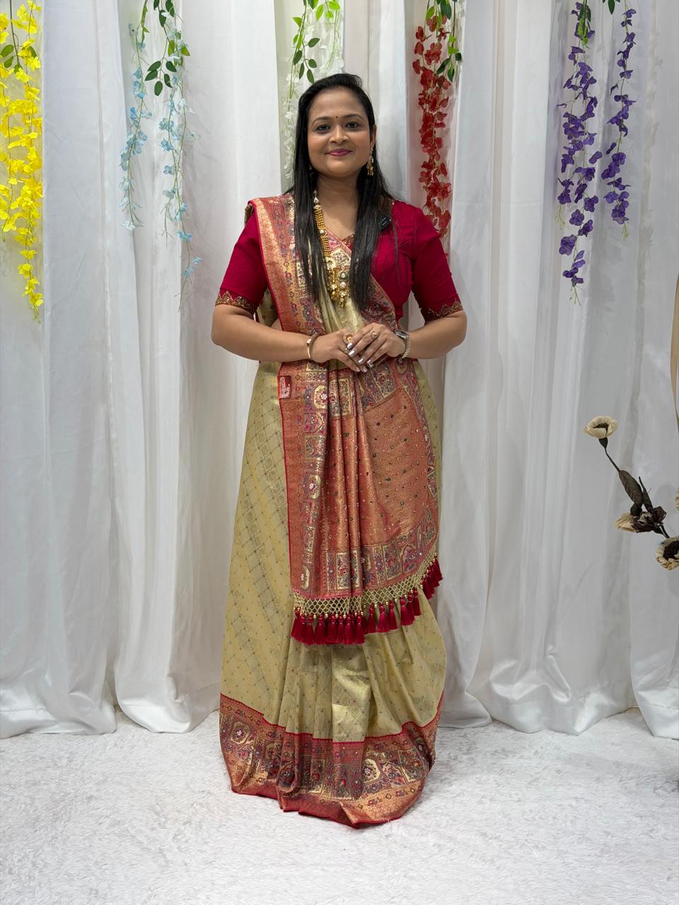 Elegant Beige & Red Banarasi Style Silk Saree with Rich Woven Pallu & Tassels