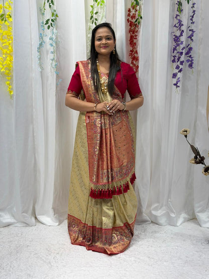 Elegant Beige & Red Banarasi Style Silk Saree with Rich Woven Pallu & Tassels