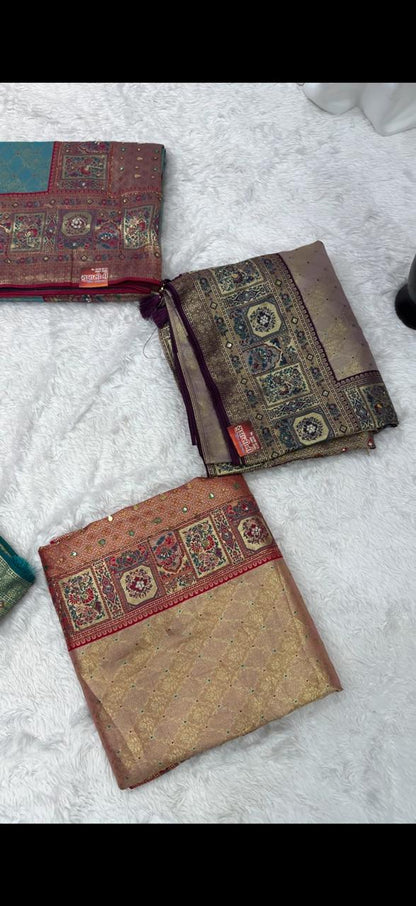 Elegant Beige & Red Banarasi Style Silk Saree with Rich Woven Pallu & Tassels