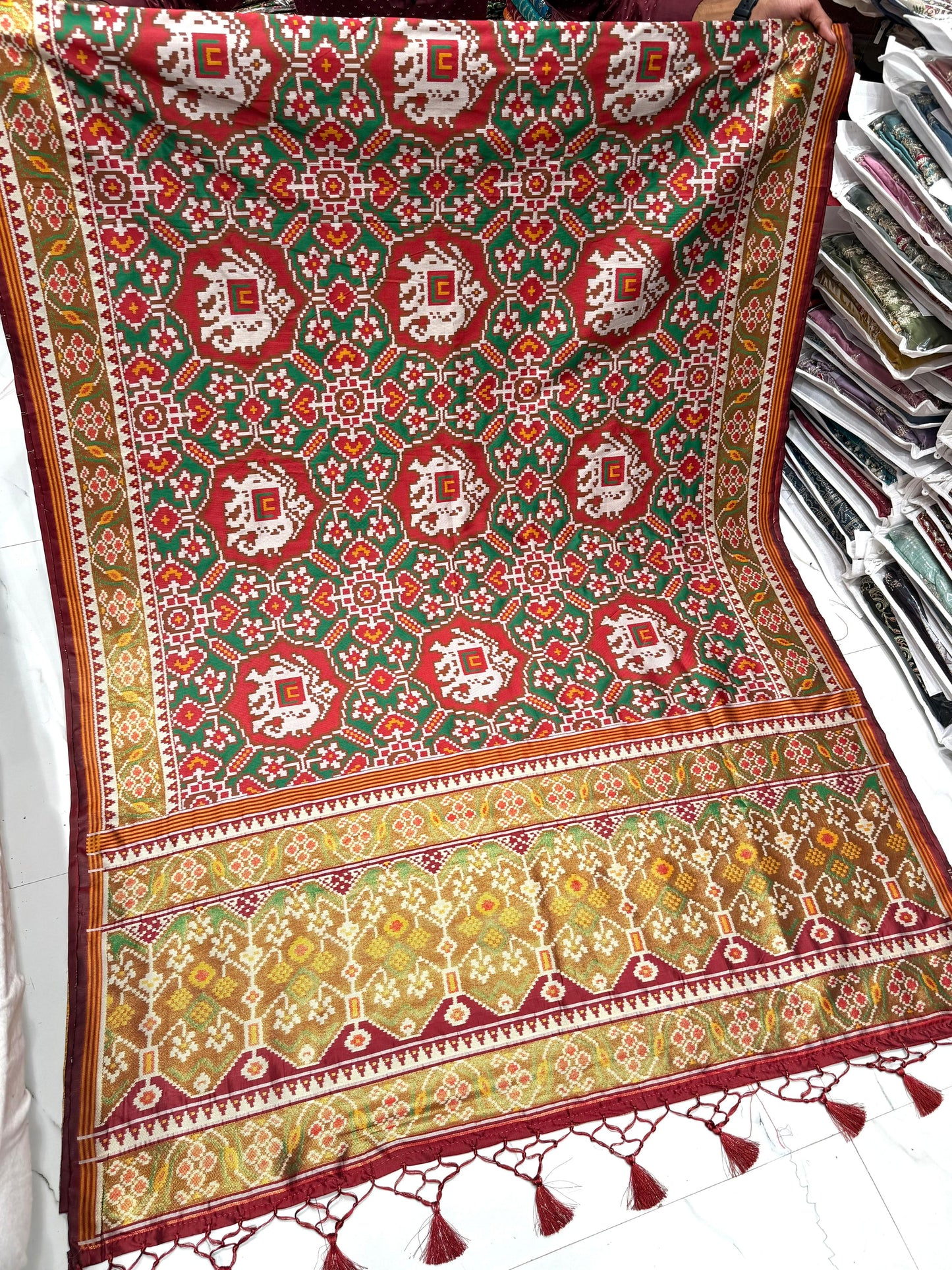 Handcrafted Inspired Patola Weave Saree in Red & Green