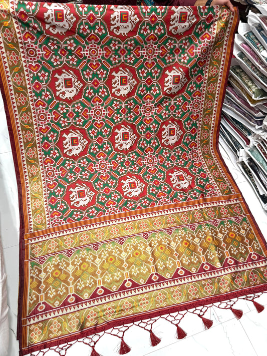 Handcrafted Inspired Patola Weave Saree in Red & Green