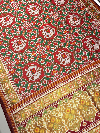 Handcrafted Inspired Patola Weave Saree in Red & Green
