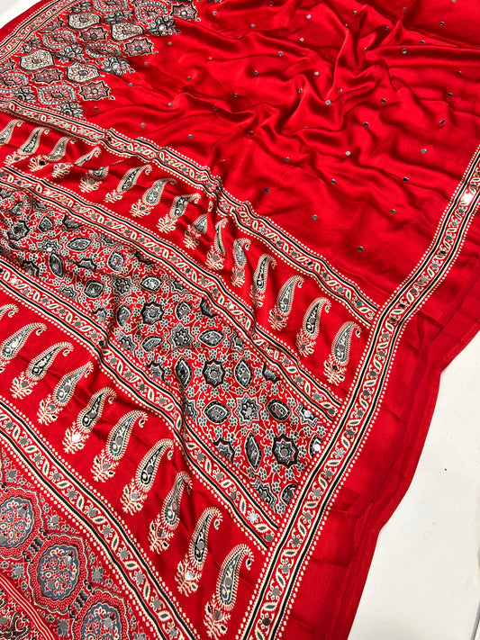 Red Stunning Ajrakh Mirror Work Saree