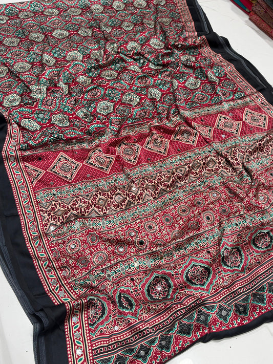 Stunning Ajrakh Mirror Work Saree