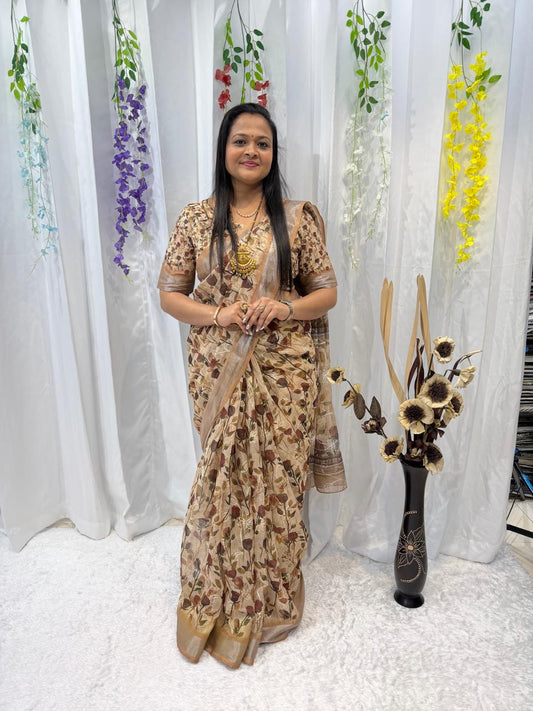 Nature-Inspired Beige Botanical Print Saree