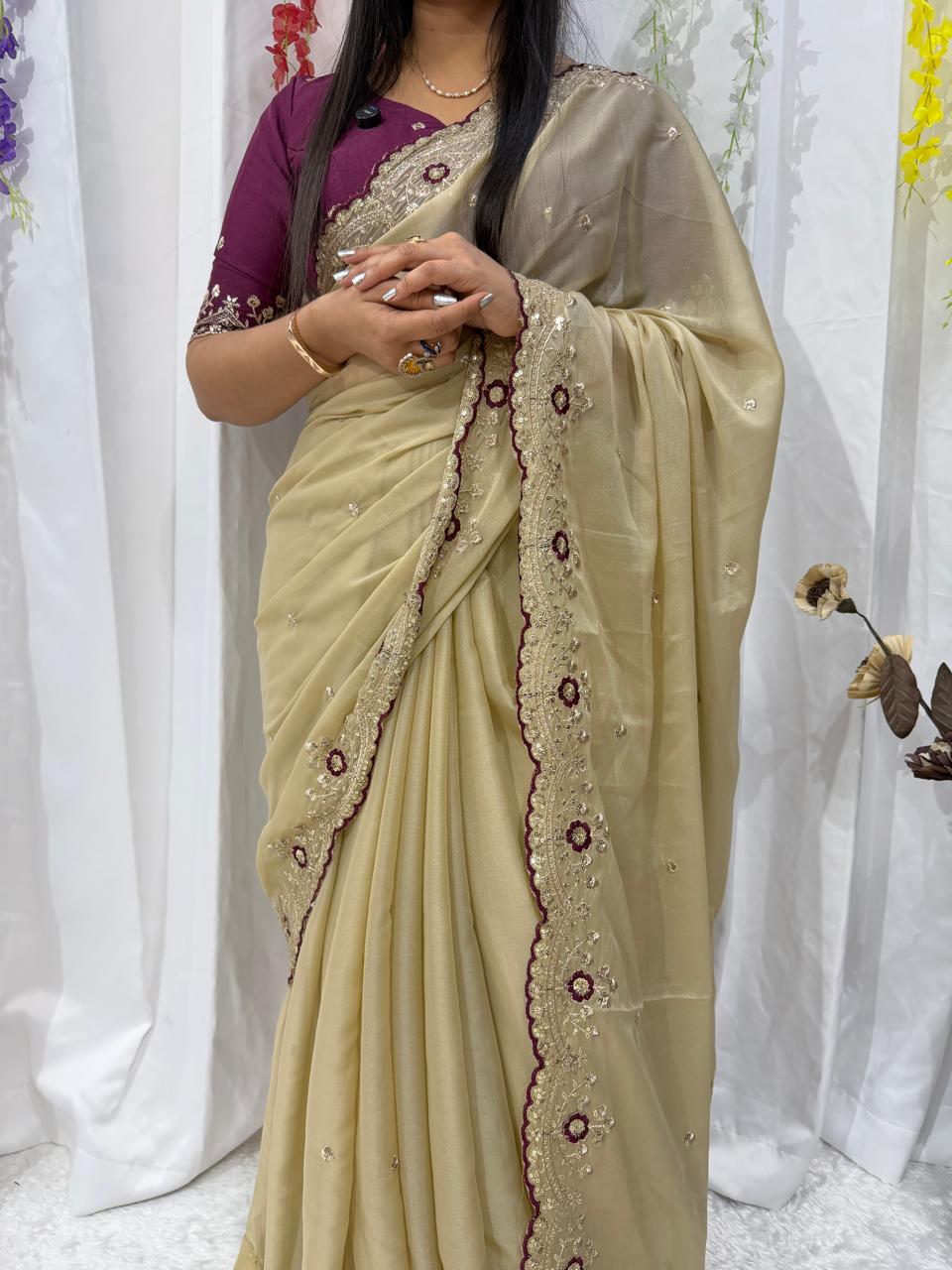 Royal Beige Embroidered Elegance Saree