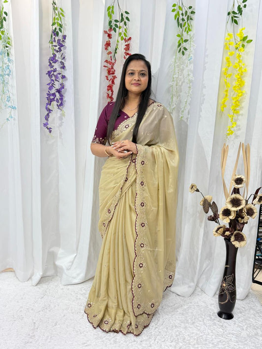 Royal Beige Embroidered Elegance Saree