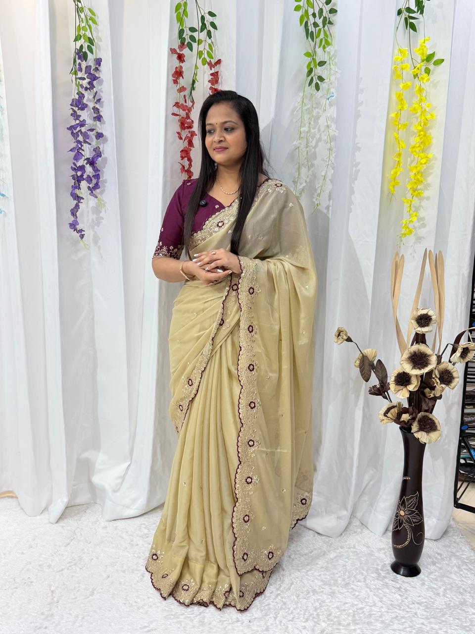 Royal Beige Embroidered Elegance Saree
