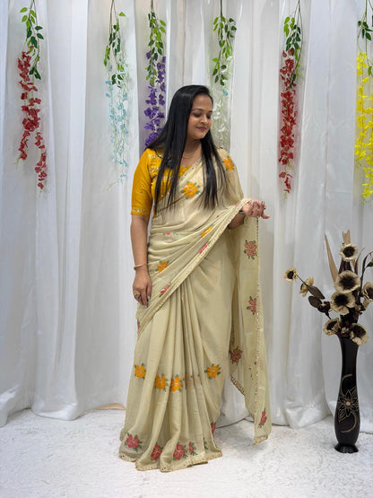 Elegant Cream Floral Embroidered Soft Saree