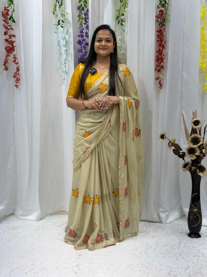 Elegant Cream Floral Embroidered Soft Saree