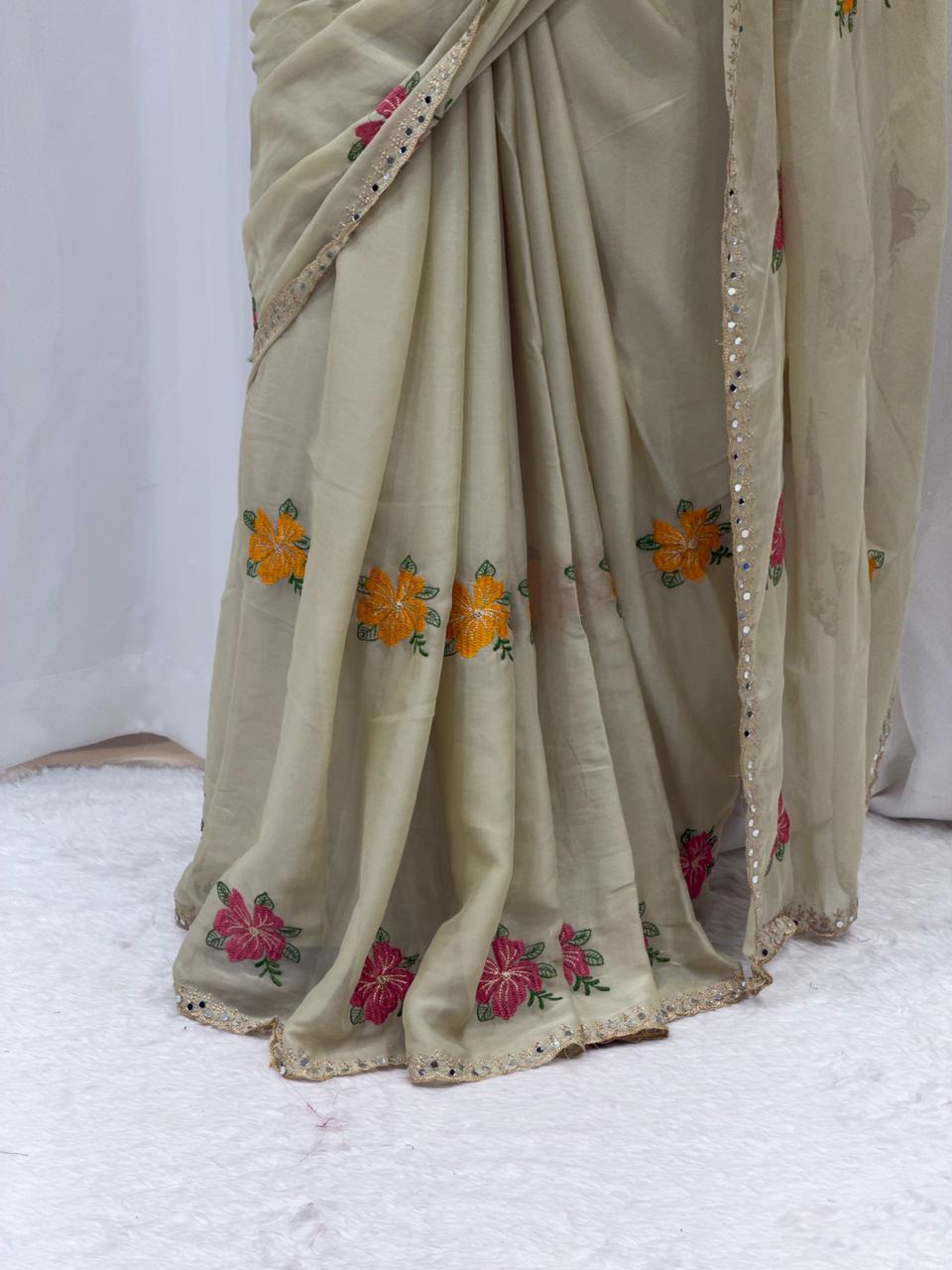Elegant Cream Floral Embroidered Soft Saree