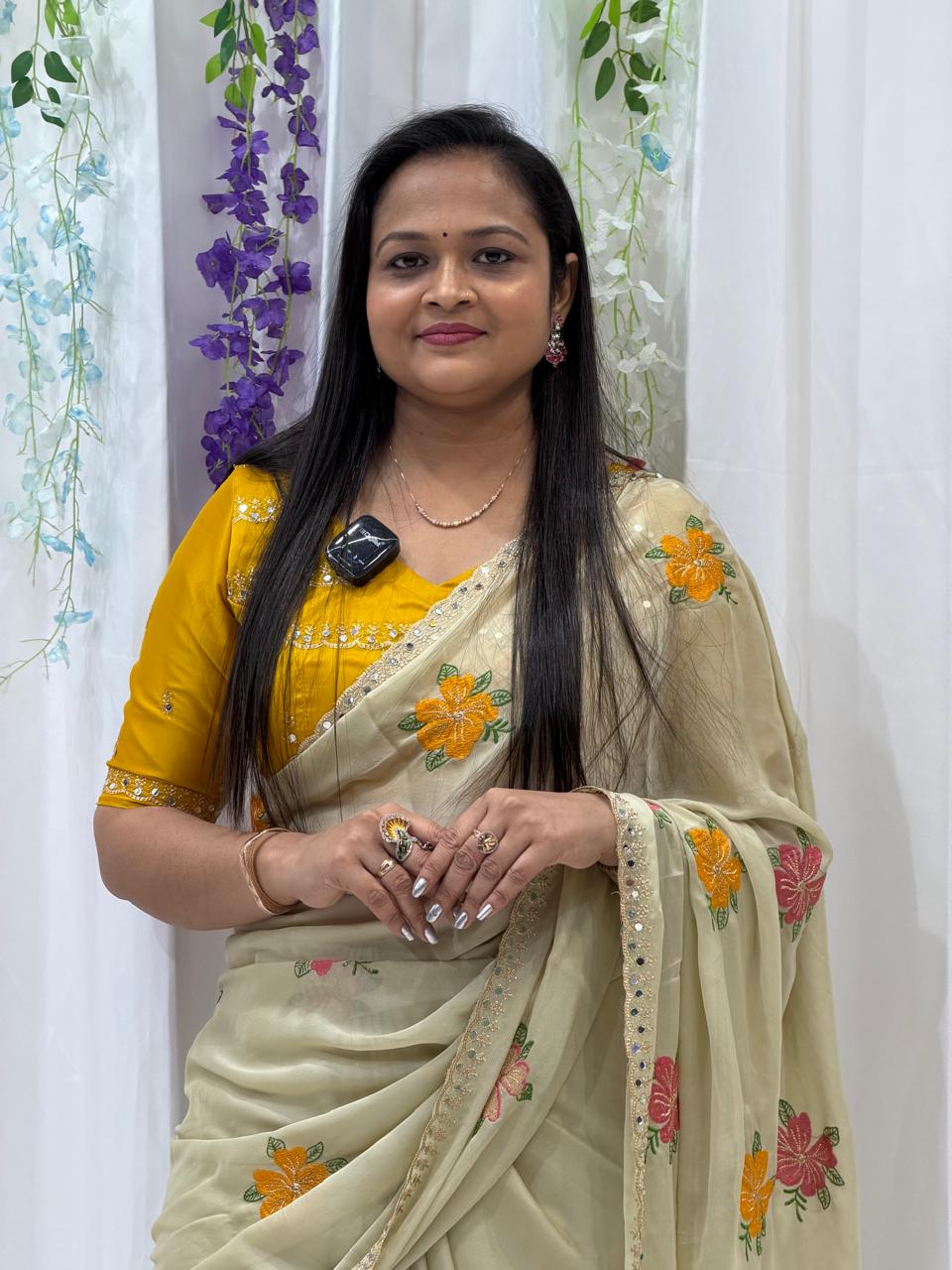 Elegant Cream Floral Embroidered Soft Saree