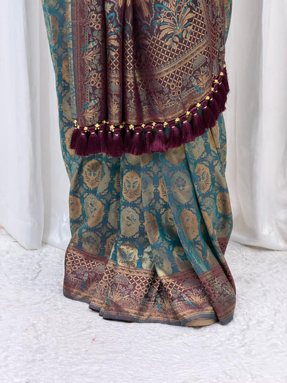 Royal Maroon & Teal Banarasi Style Silk Saree with Rich Woven Pallu & Tassels