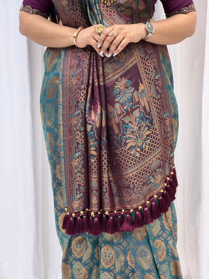 Royal Maroon & Teal Banarasi Style Silk Saree with Rich Woven Pallu & Tassels