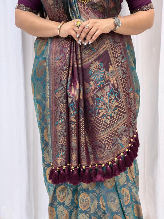 Royal Maroon & Teal Banarasi Style Silk Saree with Rich Woven Pallu & Tassels