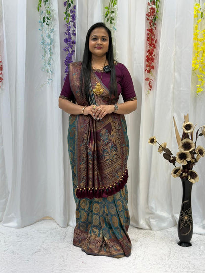Royal Maroon & Teal Banarasi Style Silk Saree with Rich Woven Pallu & Tassels