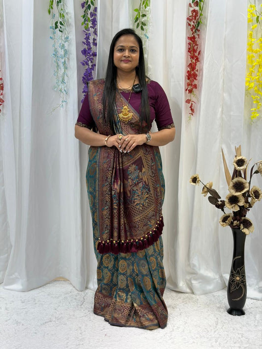 Royal Maroon & Teal Banarasi Style Silk Saree with Rich Woven Pallu & Tassels