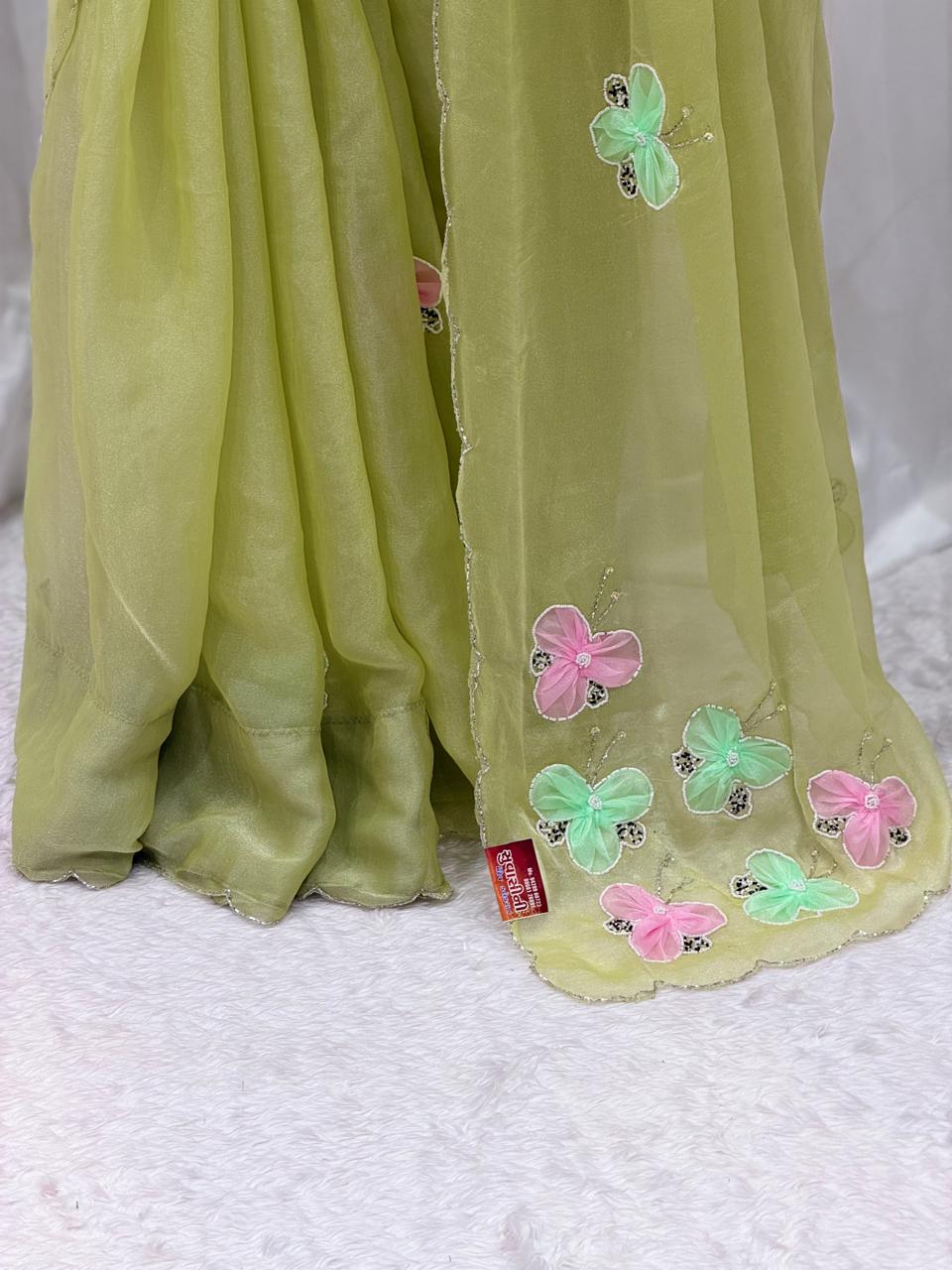 Pastel Green Butterfly Embroidered Saree – Elegant Soft Organza Party Wear