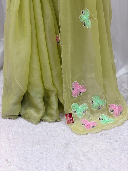 Pastel Green Butterfly Embroidered Saree – Elegant Soft Organza Party Wear