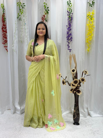 Pastel Green Butterfly Embroidered Saree – Elegant Soft Organza Party Wear