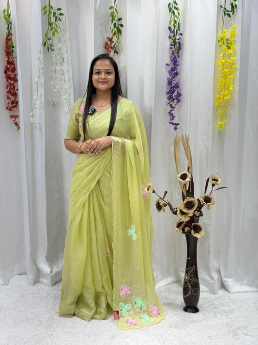 Pastel Green Butterfly Embroidered Saree – Elegant Soft Organza Party Wear