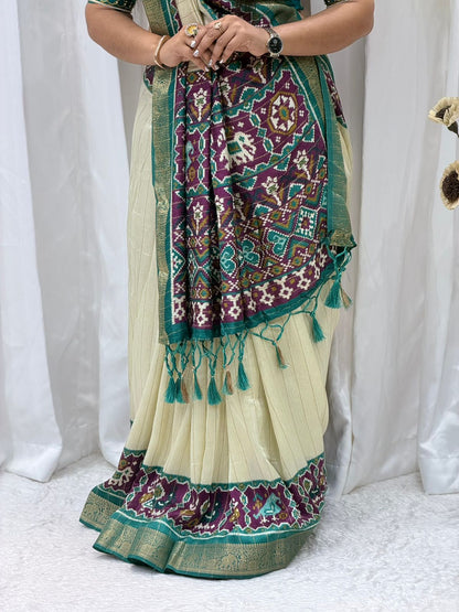 Elegant Cream & Teal Patola Print Saree with Rich Pallu & Tassel Detailing